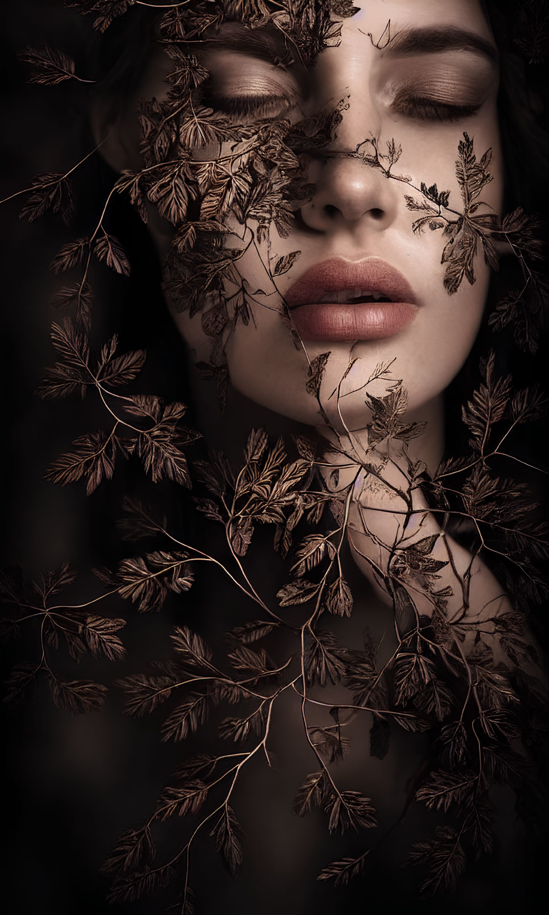 Close-up portrait of woman with face obscured by dark fern leaves.