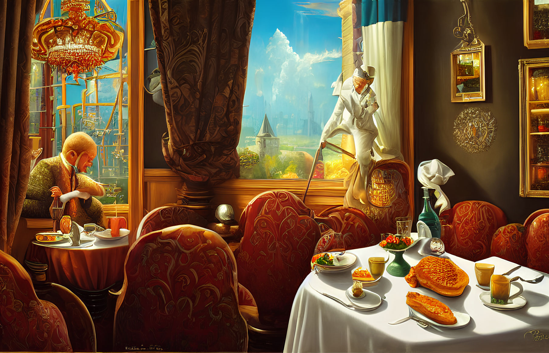 Luxurious room with man reading newspaper, sunlight, paintings, chandelier, futuristic city view