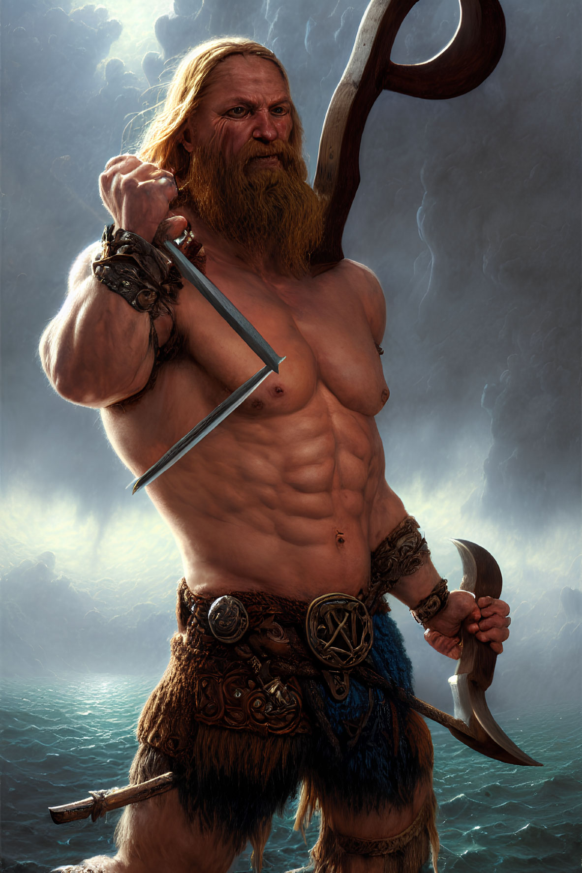 Muscular bearded fantasy warrior with axe and sword in misty backdrop