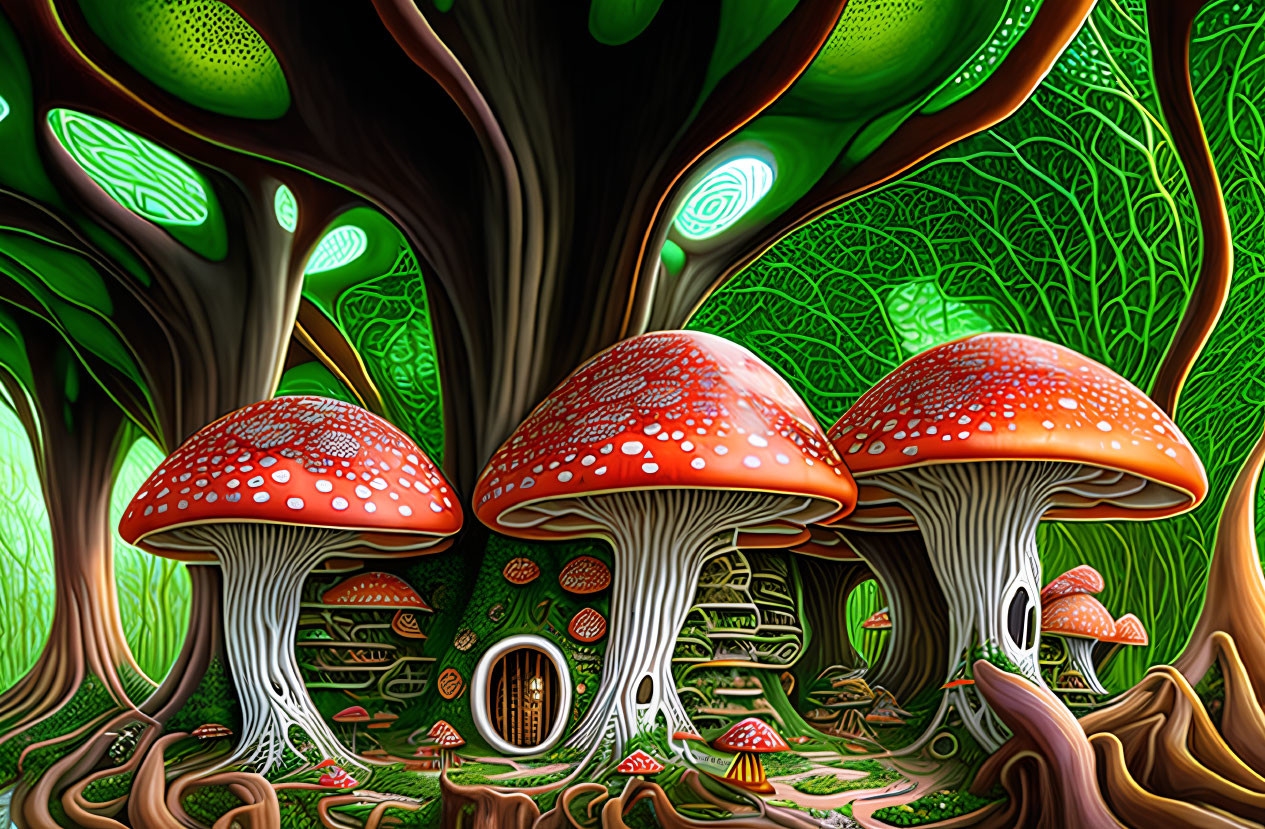 Fantastical forest scene with oversized red-capped mushrooms