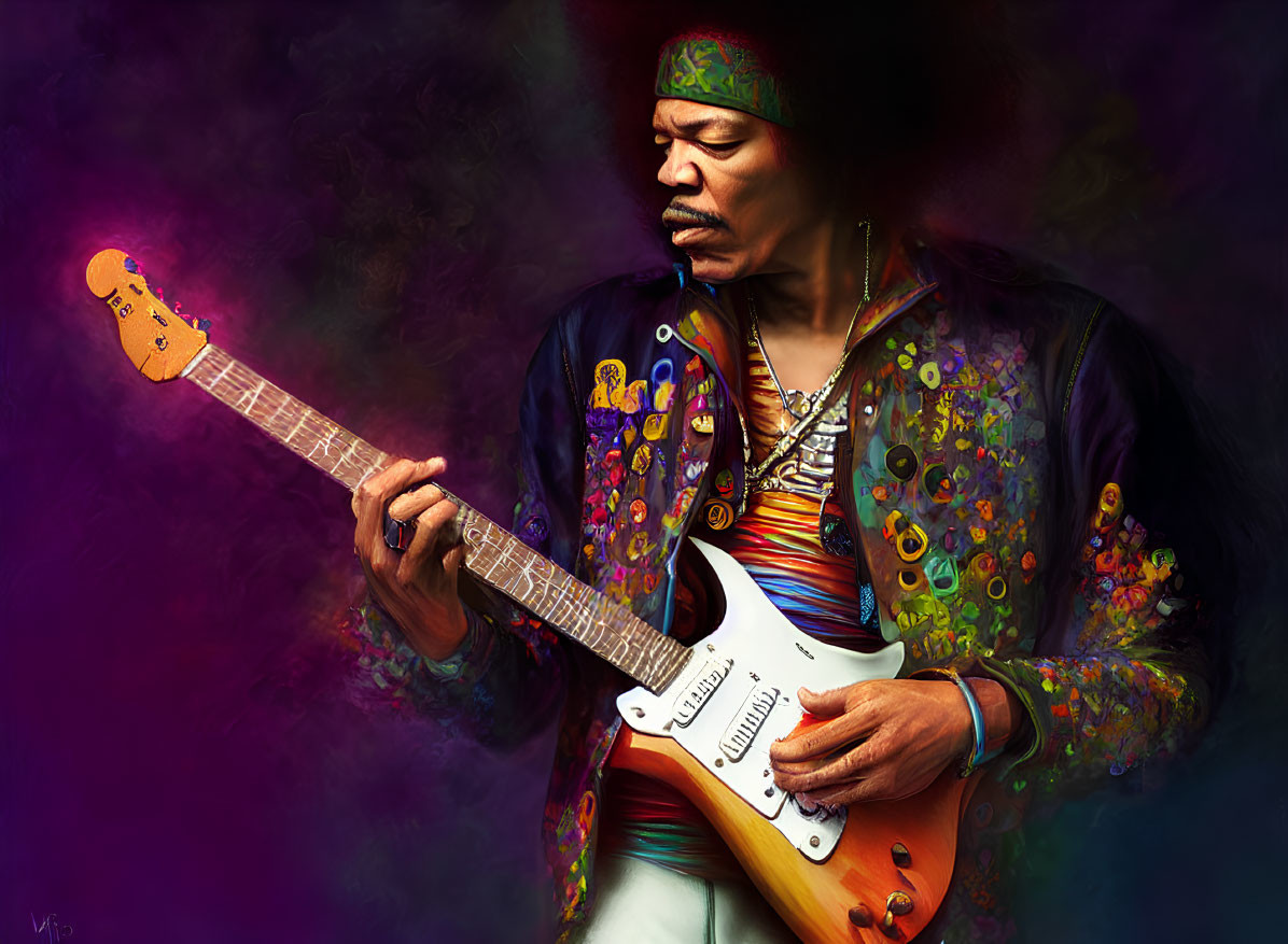 Colorful Outfit Guitar Player with White Electric Guitar on Psychedelic Purple Background