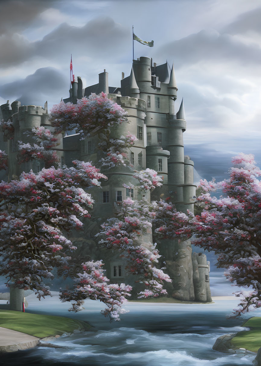 Grey stone castle with pink cherry trees and river under cloudy sky