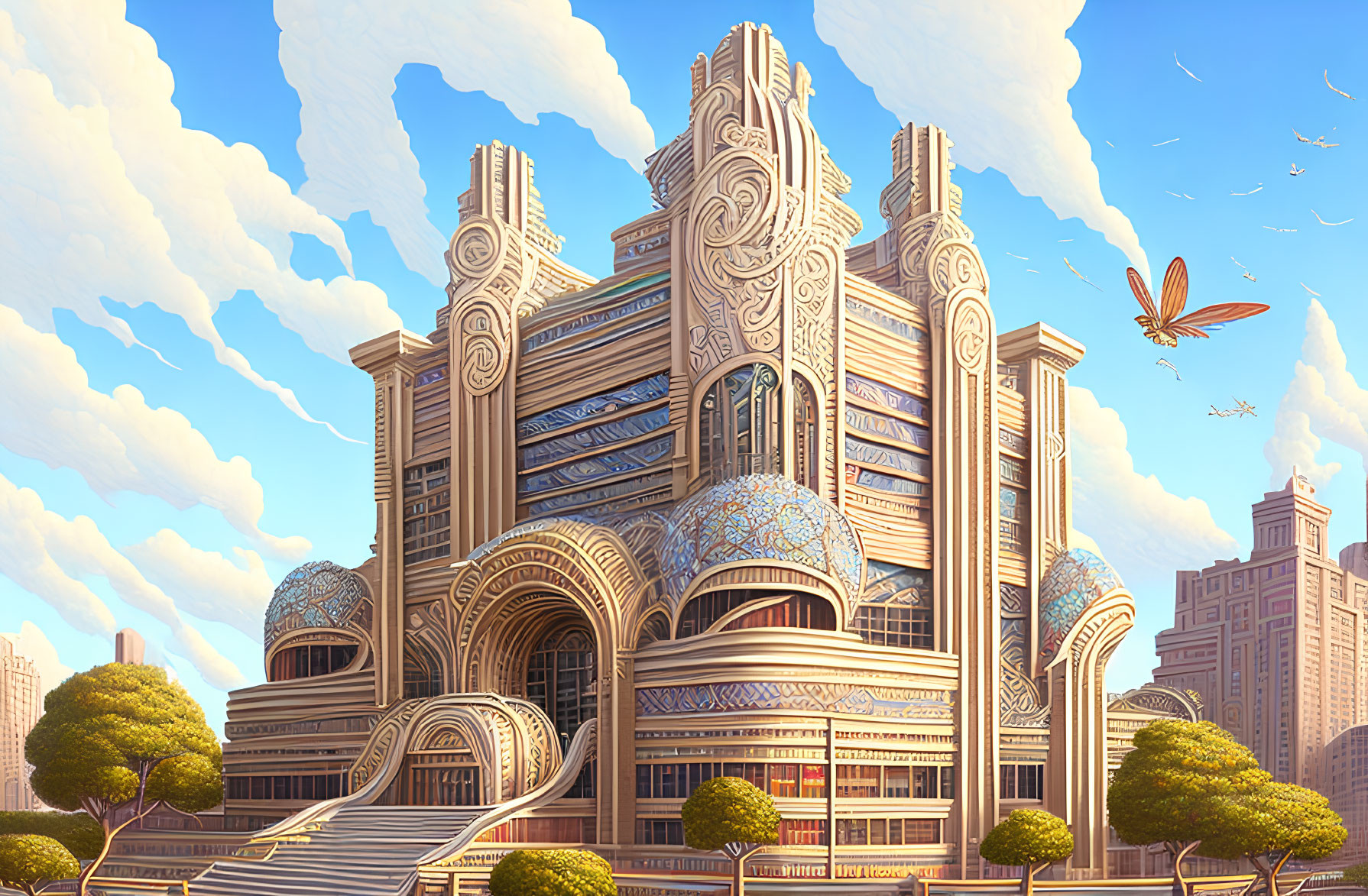 Futuristic Art Deco Building with Glass Domes and Flying Vehicles