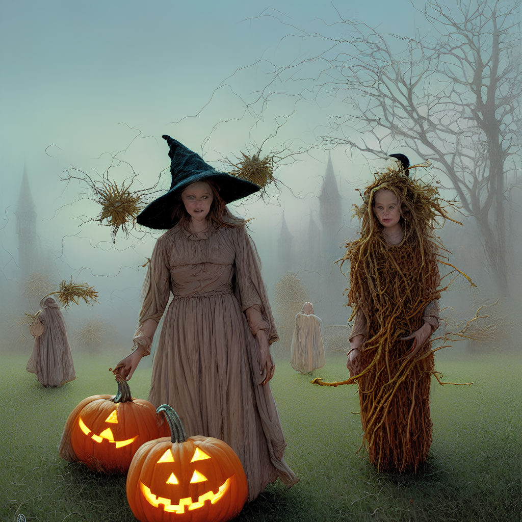 Two witches with pumpkins in eerie landscape with ghostly figures
