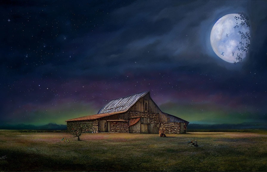 Rustic barn under full moon with aurora borealis