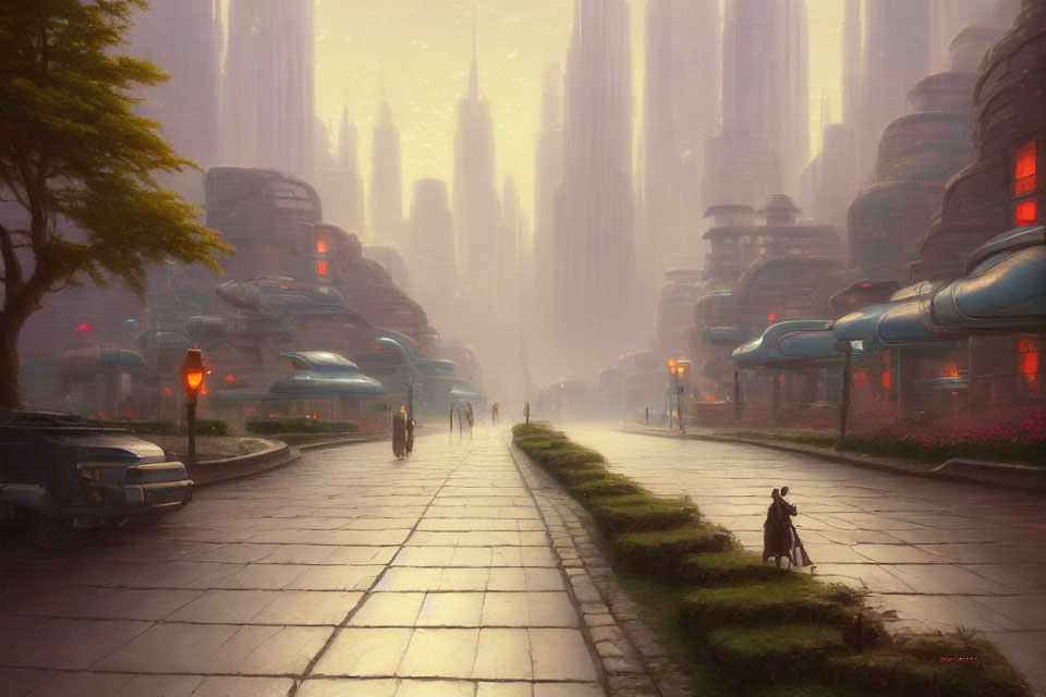 Futuristic cityscape at dusk with towering structures and individuals walking.