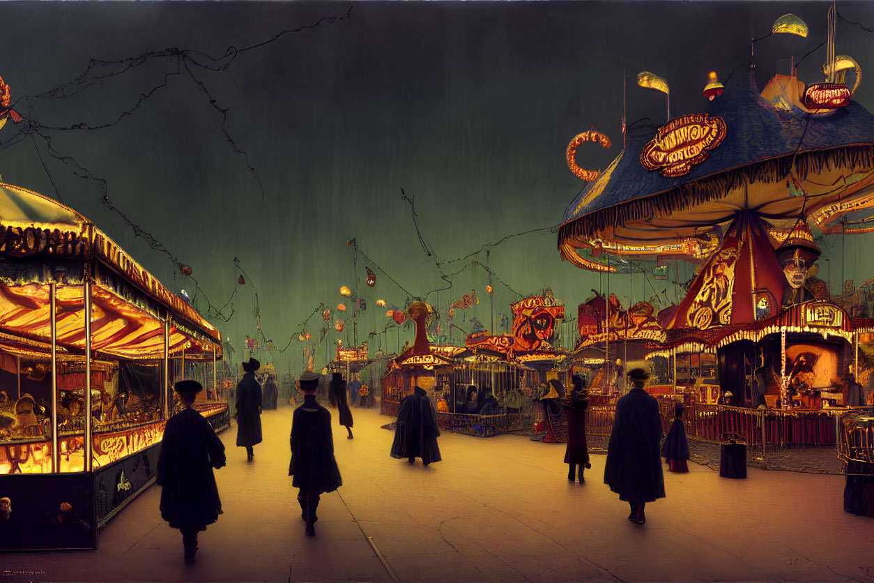 Vintage-style fairground at night with illuminated attractions and period clothing creating an eerie atmosphere
