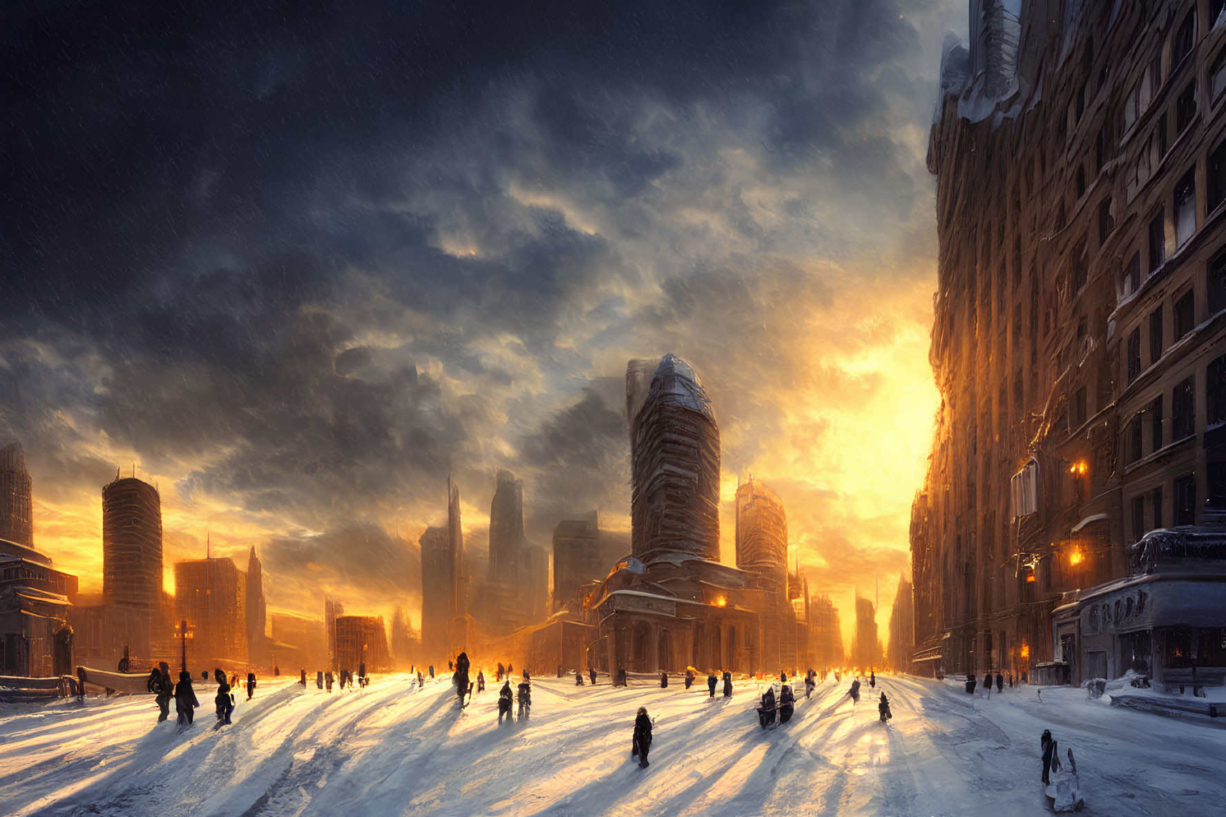 Snow-covered cityscape at sunset with people walking, tall futuristic buildings, and dark clouds.