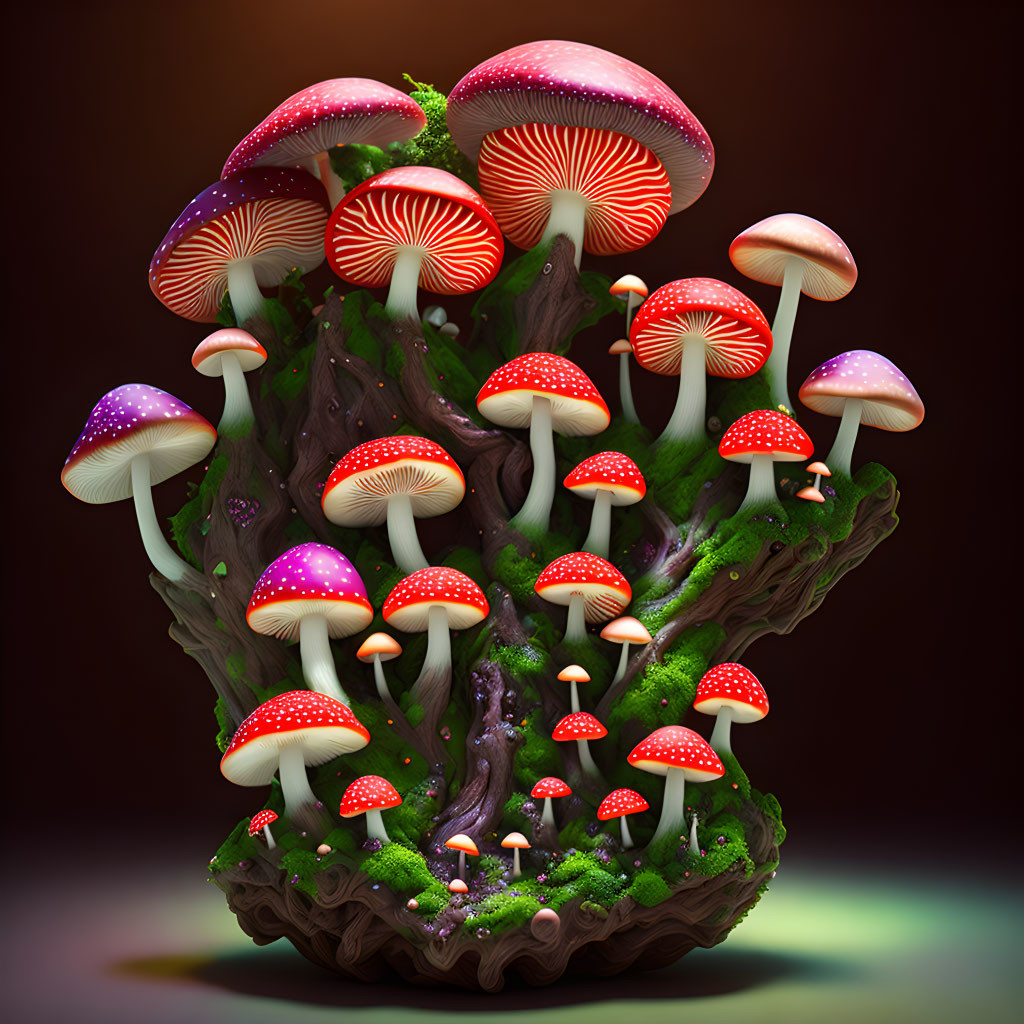 Colorful Fantasy Mushroom Cluster on Tree Stump