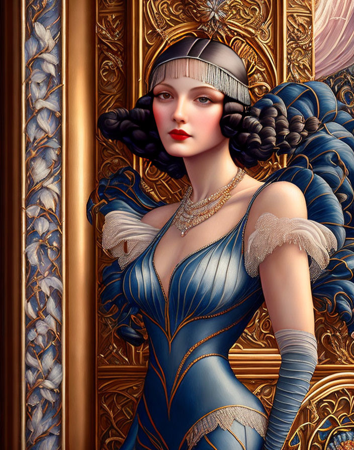 Intricate Blue and Gold Attire Portrait of Woman