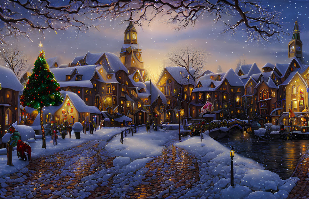 Snowy Winter Village Scene: Dusk with Christmas Tree & Festive Lights