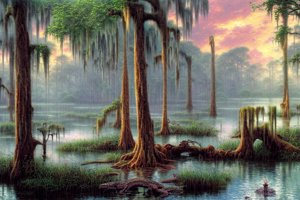 Tranquil swamp scene with moss-covered trees, reflective water, and resting crocodile.