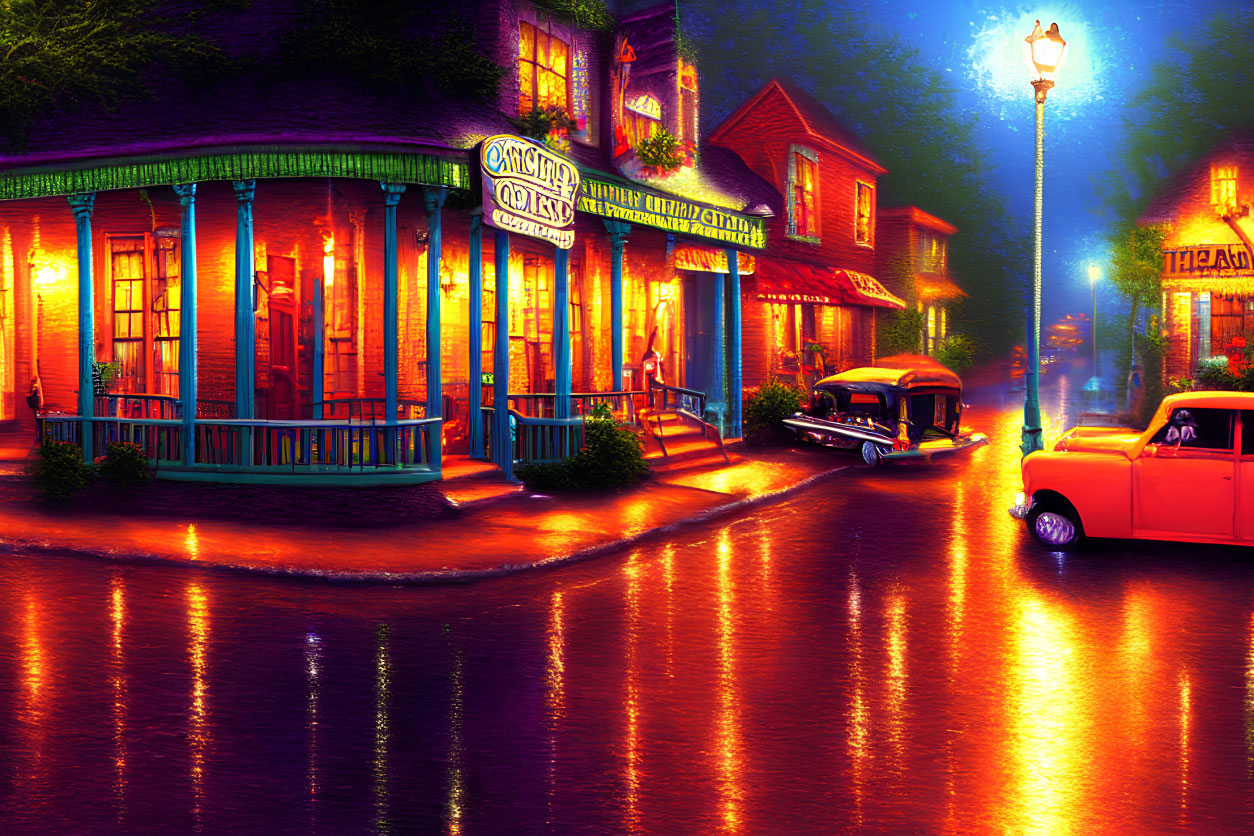 Night scene with illuminated storefronts, vintage car, neon signs, wet cobblestone streets.
