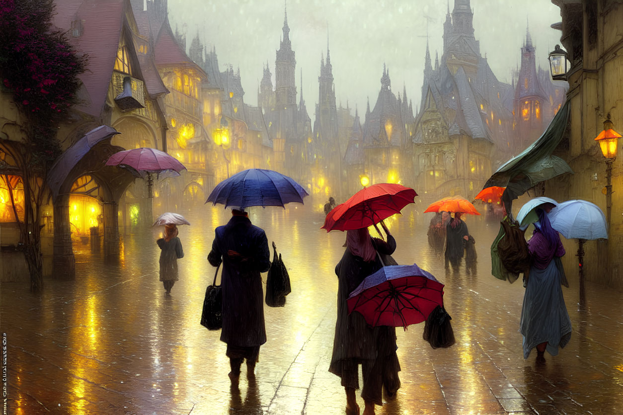 Rainy cobblestone street with people holding umbrellas