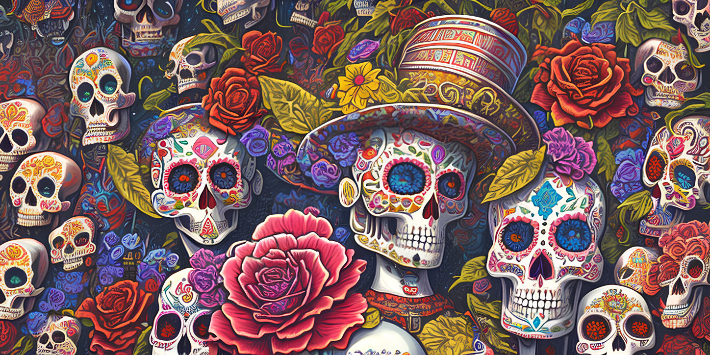 Vibrant Day of the Dead Illustration with Skulls, Roses, and Sombrero
