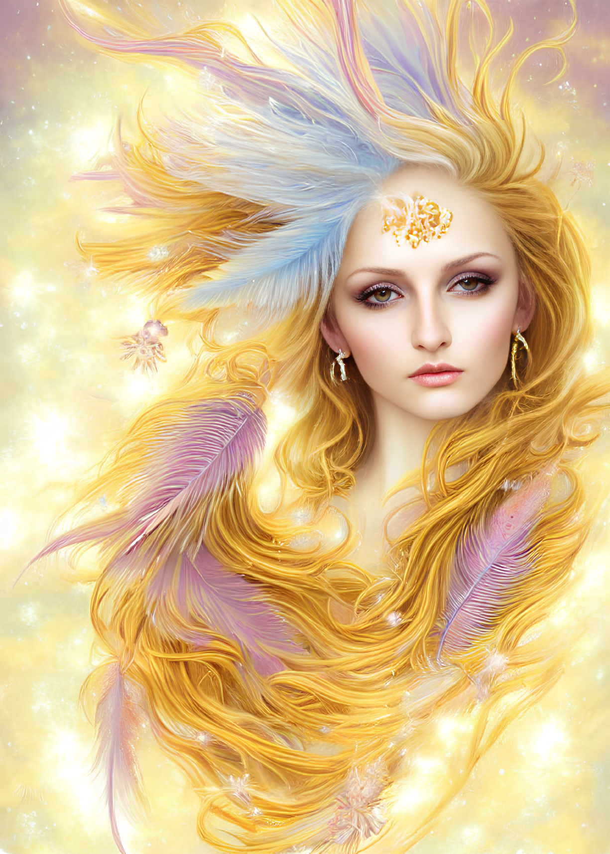 Fantastical image: Woman with golden hair, feather accessories, jewel, starry background