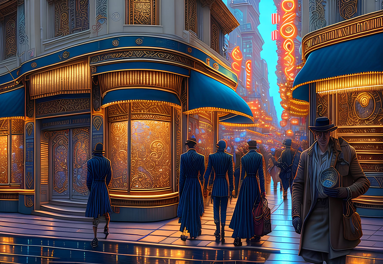 Futuristic city street at dusk with neon signs & stylish pedestrians