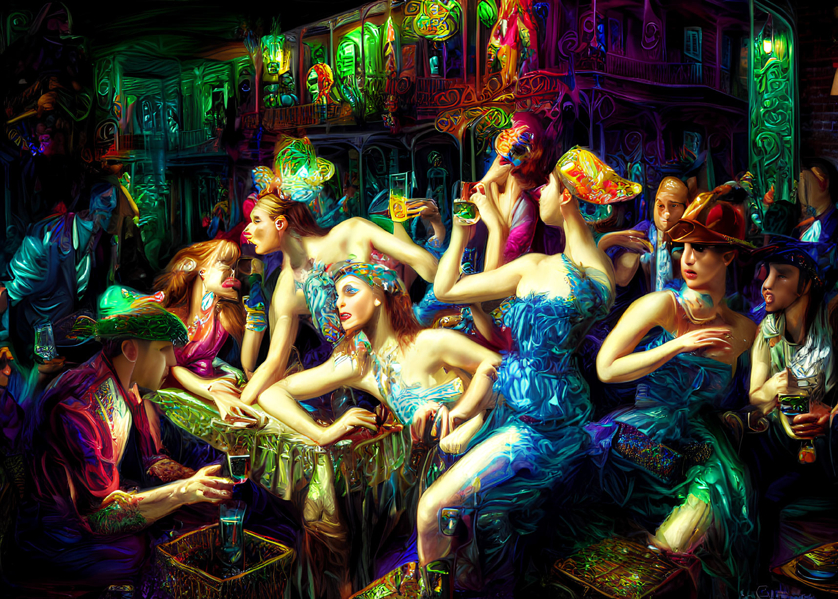 Colorful Painting of Elegantly Dressed People in Bar Scene