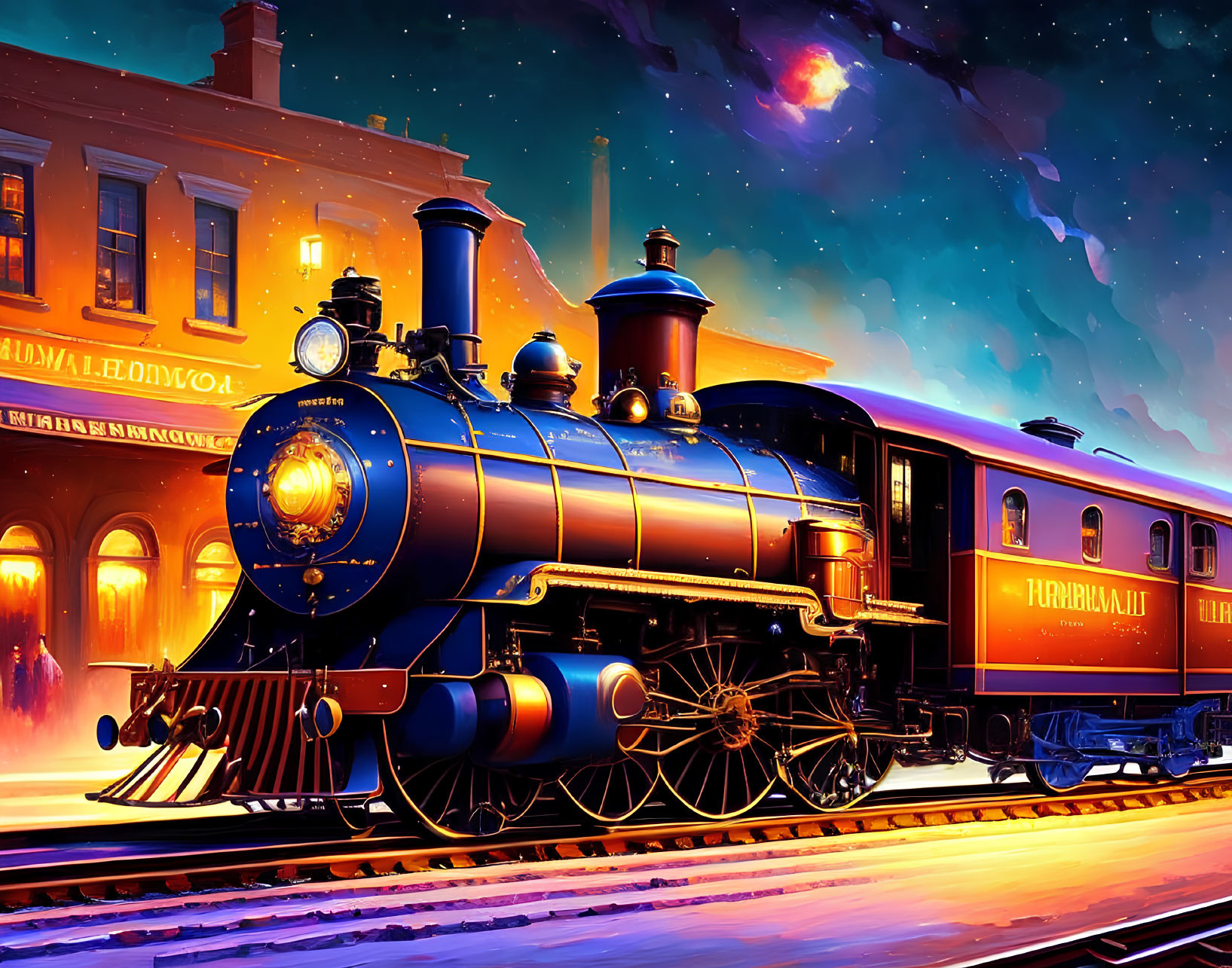 Colorful vintage steam locomotive at dusk station with galaxy hint