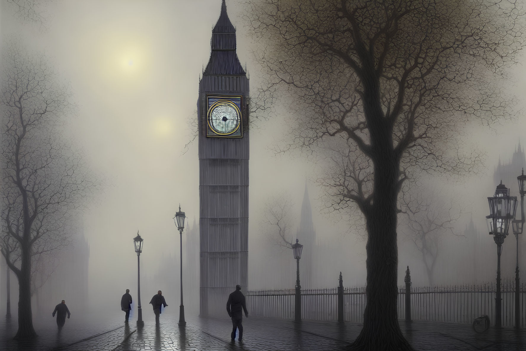 Foggy urban scene with silhouetted figures near Big Ben clock tower