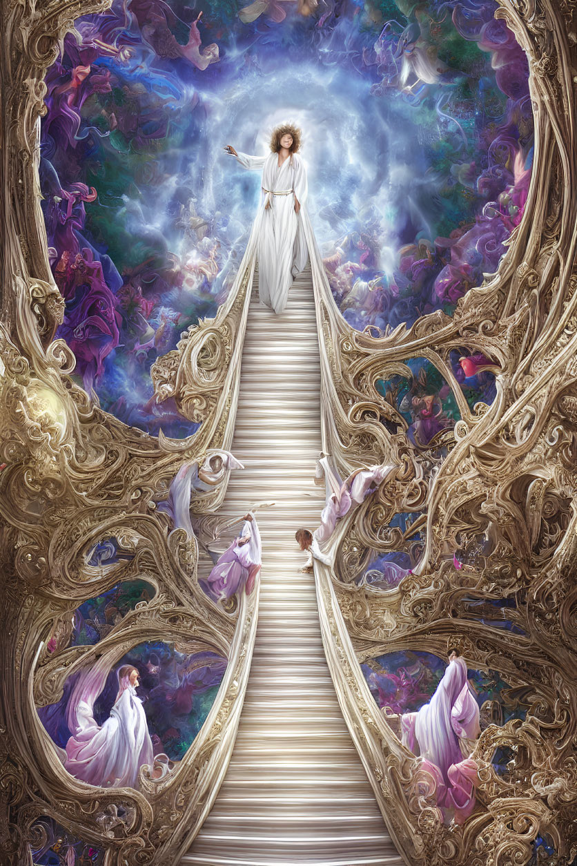 Surreal painting of figure on white staircase with swirling clouds