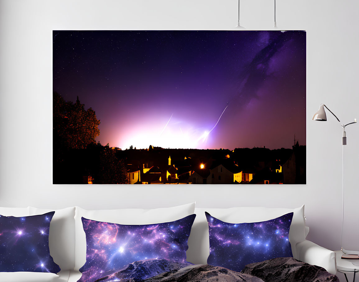 Cozy room interior with meteor shower wall art and galaxy-themed decor