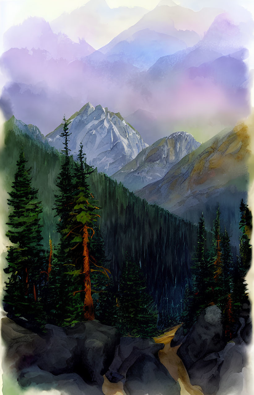 Purple Peaks Mountain Landscape Watercolor Art