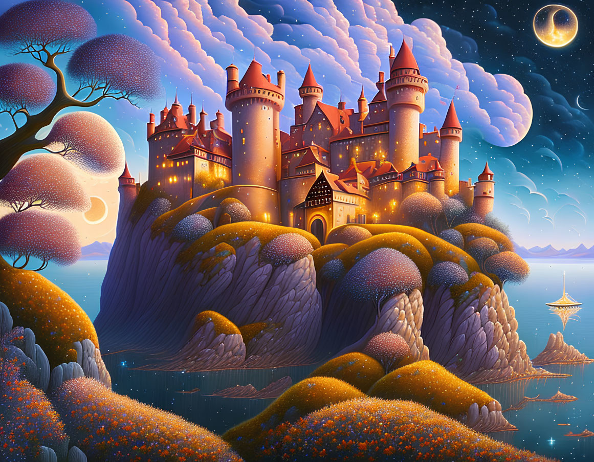 Grand castle on cliff-side under starry sky with crescent moon