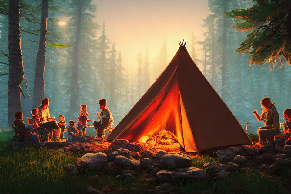 Group of People by Campfire Near Teepee in Forest Clearing at Dusk