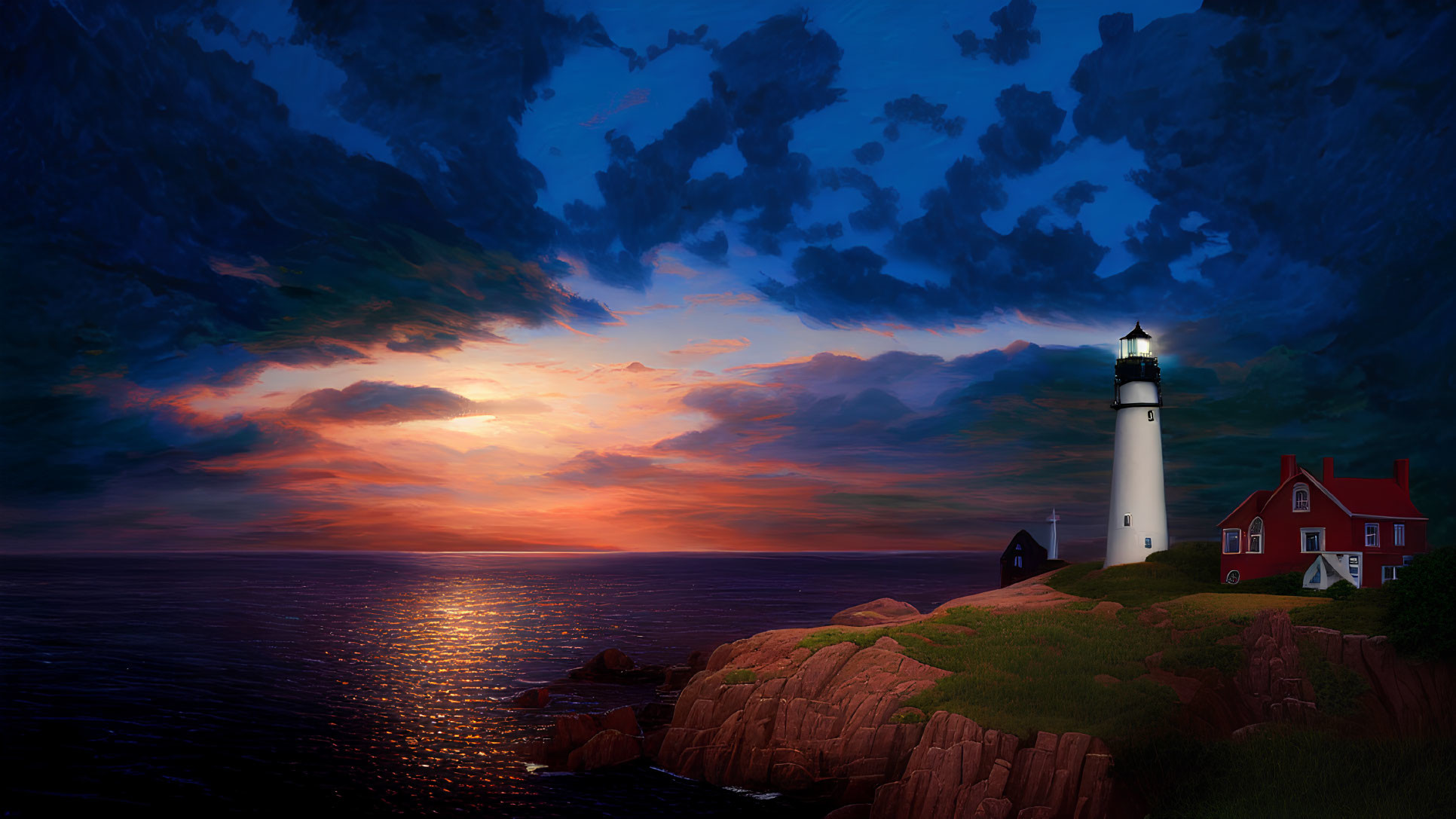 Lighthouse on rocky coastline with red-roofed building at sunset