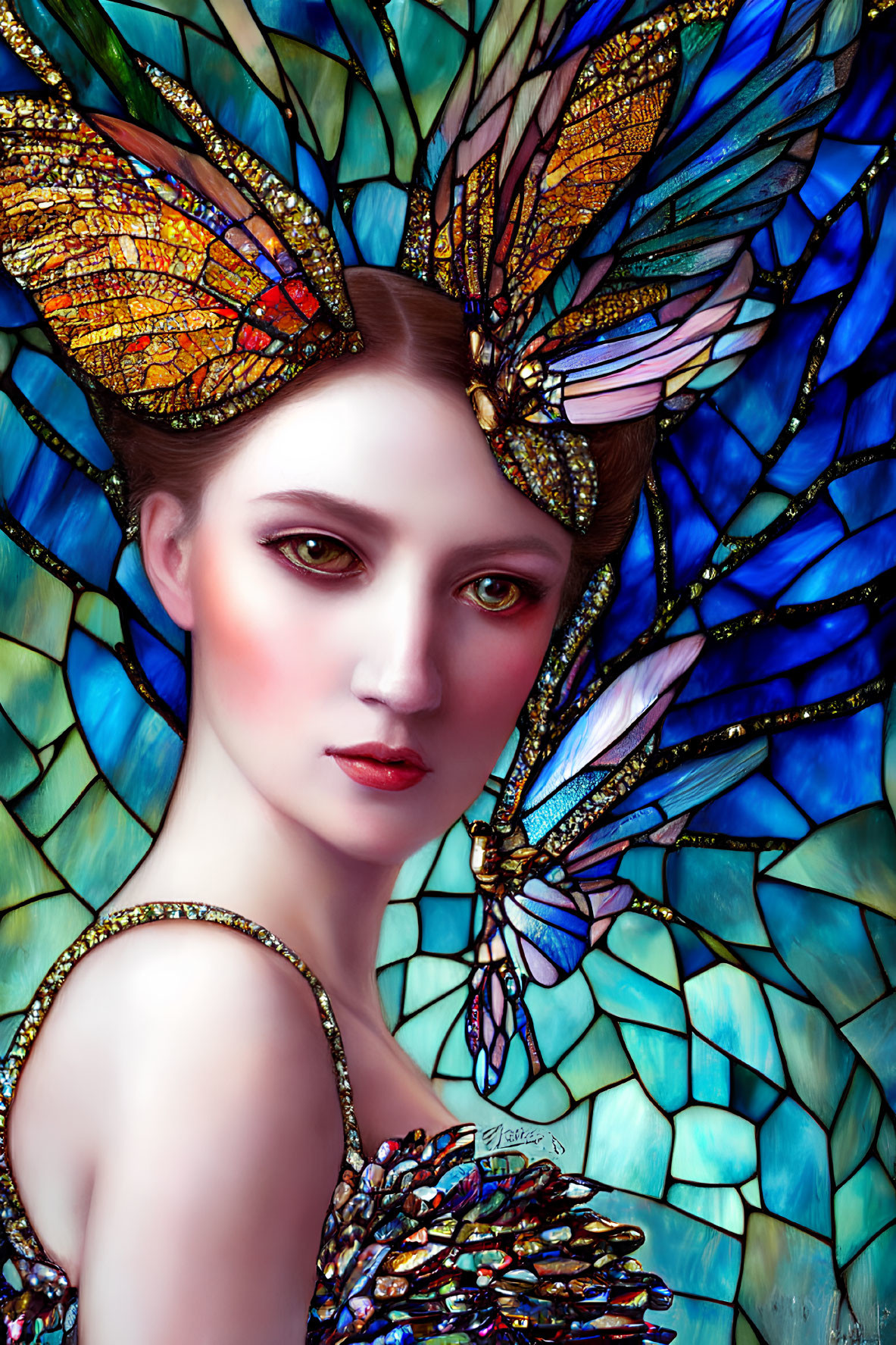 Digital Artwork: Woman with Iridescent Butterfly Wings in Stained Glass Background