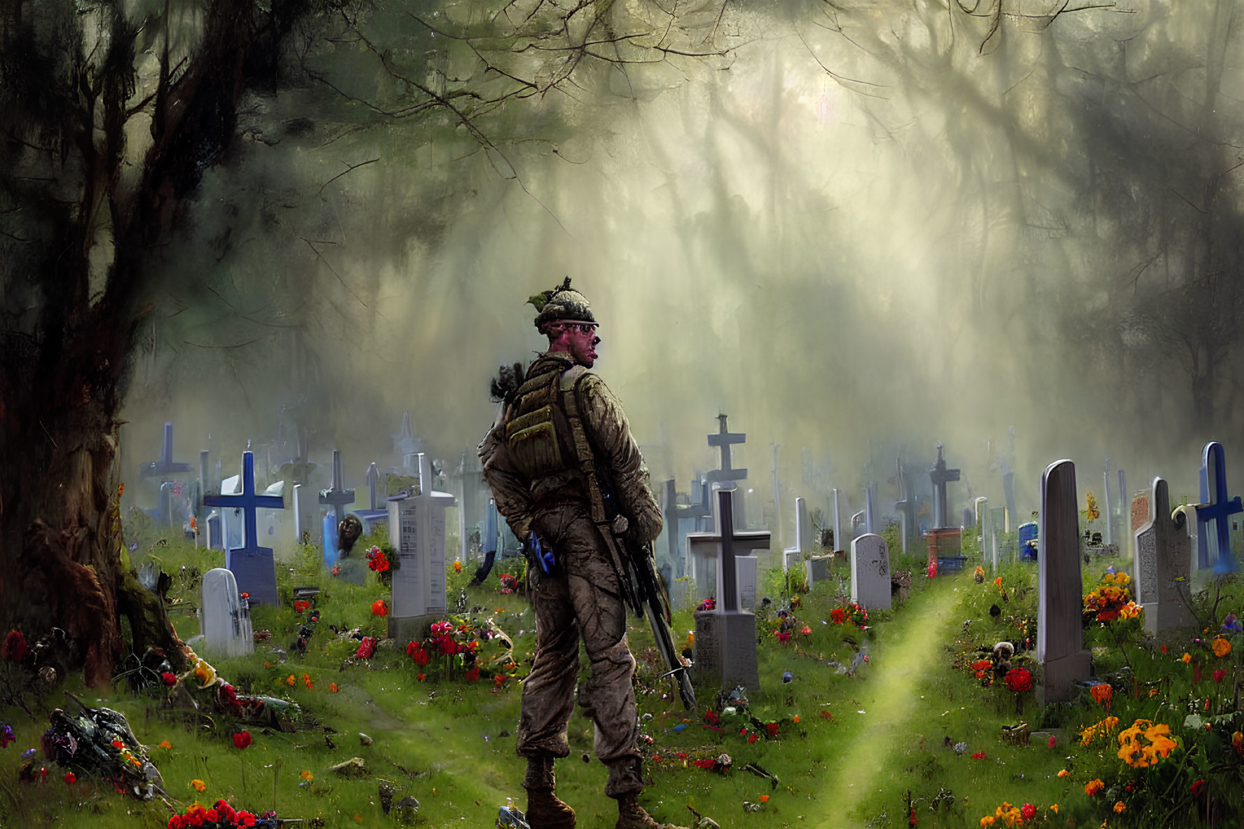Soldier walking in misty cemetery with gravestones under sunlight