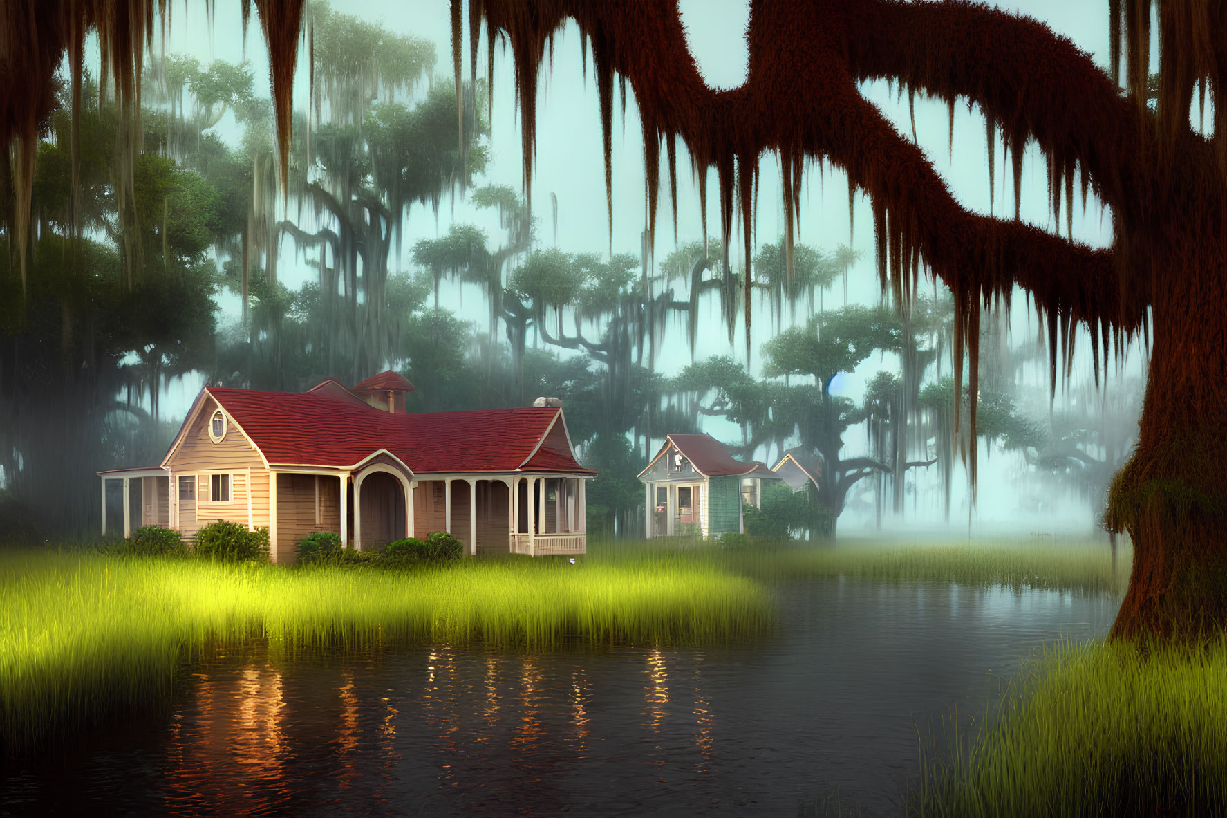 Tranquil lakeside scene with single-story house and moss-draped trees