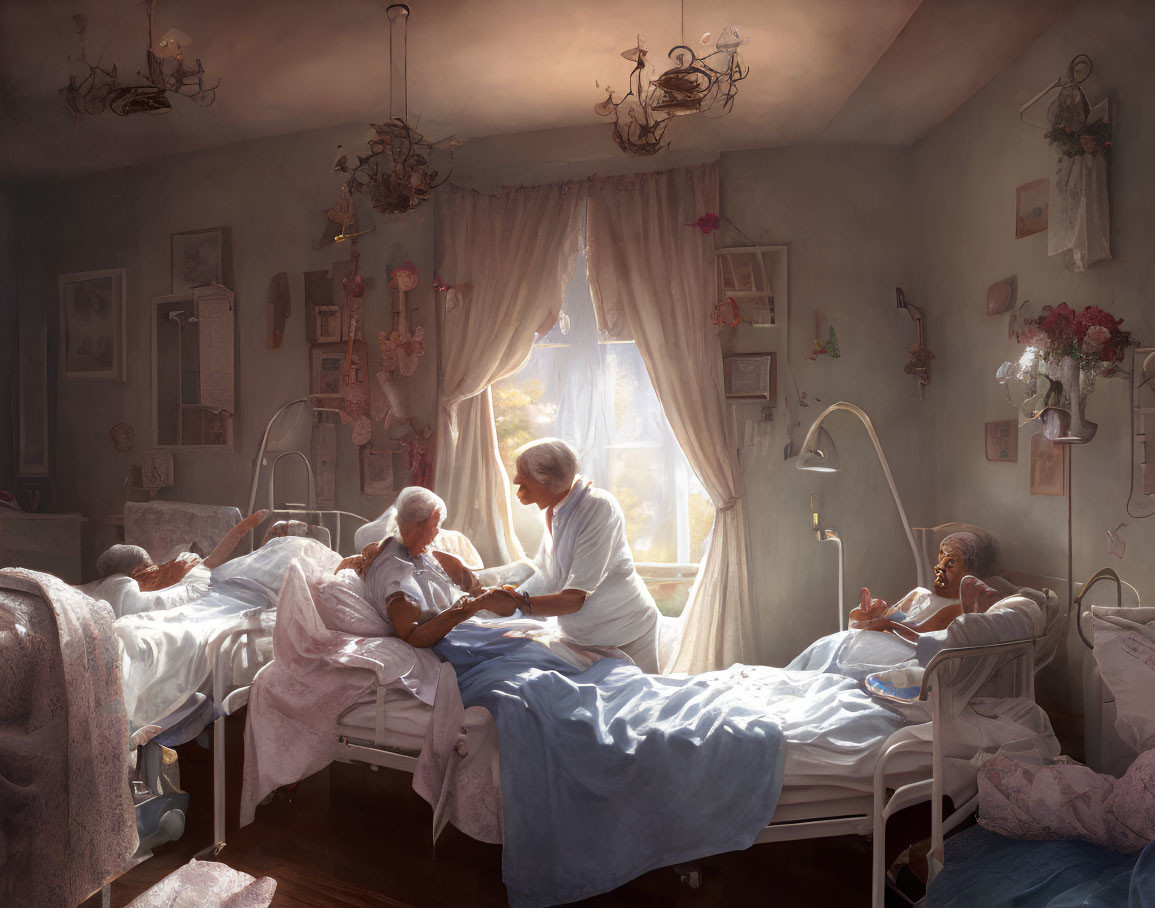 Elderly couple's tender moment in sunlit hospital room