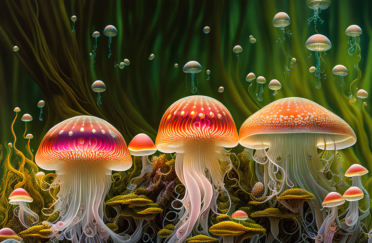 Colorful Digital Art: Glowing Jellyfish Mushrooms in Dark Foliage