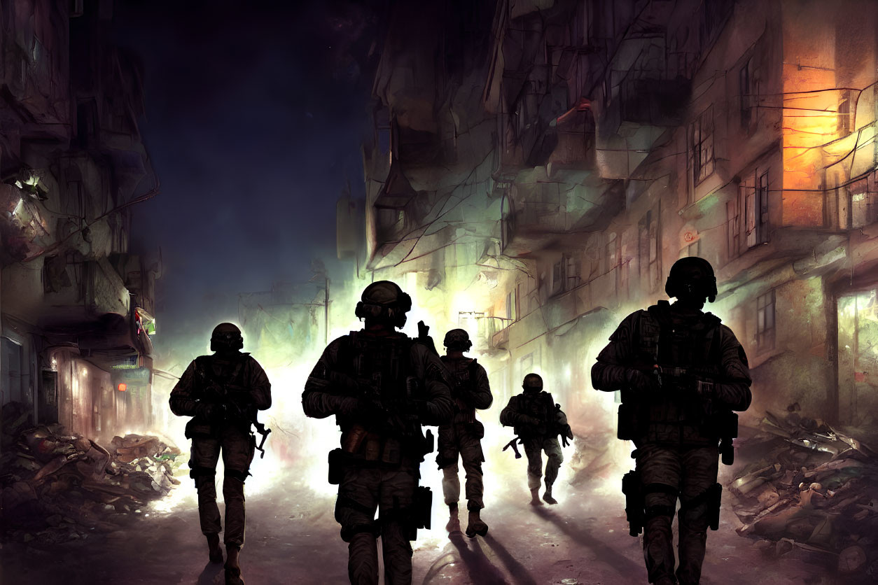 Soldiers in gear walk through dystopian cityscape at night
