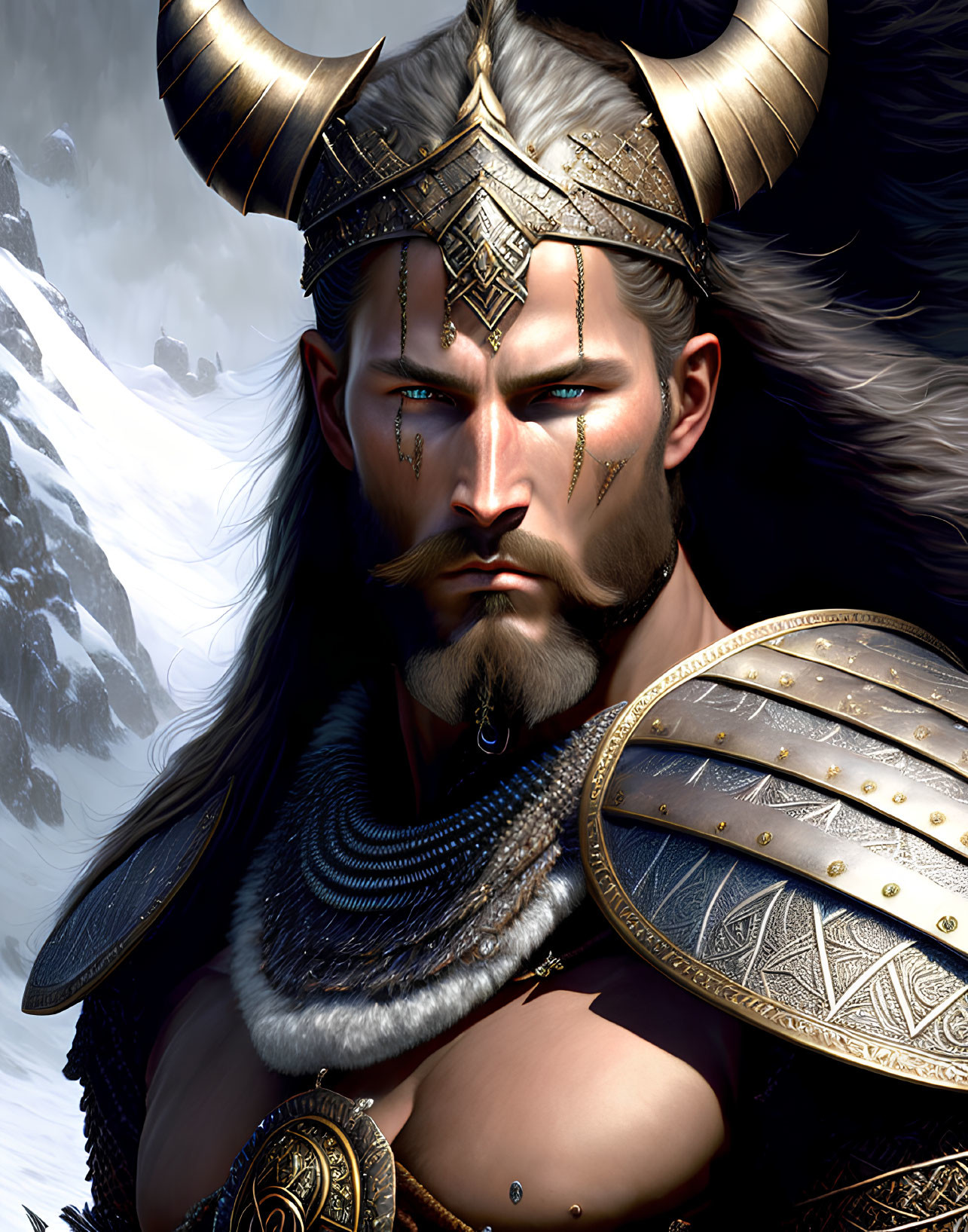 Detailed illustration of bearded fantasy warrior in horned helmet with ornate armor, snowy mountain backdrop