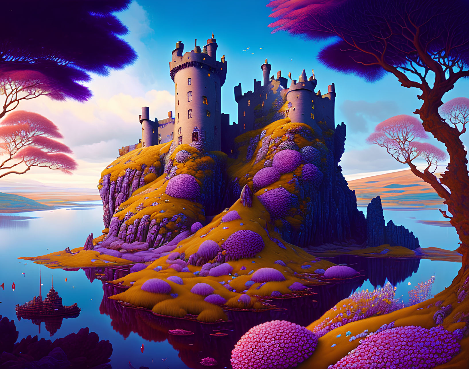 Whimsical castle on vibrant hill with purple trees by tranquil lake
