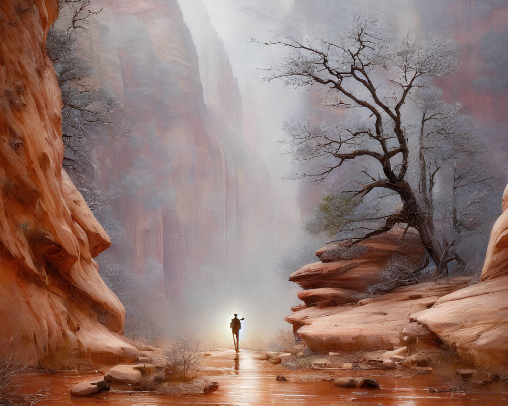 Desolate figure in misty canyon with red sandstone walls and leafless tree.