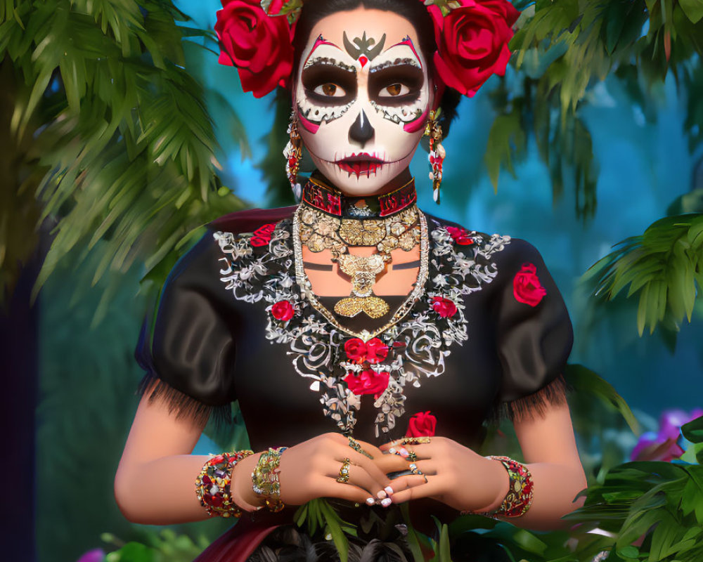 Elaborate sugar skull makeup and floral headpiece on person in traditional Day of the Dead attire