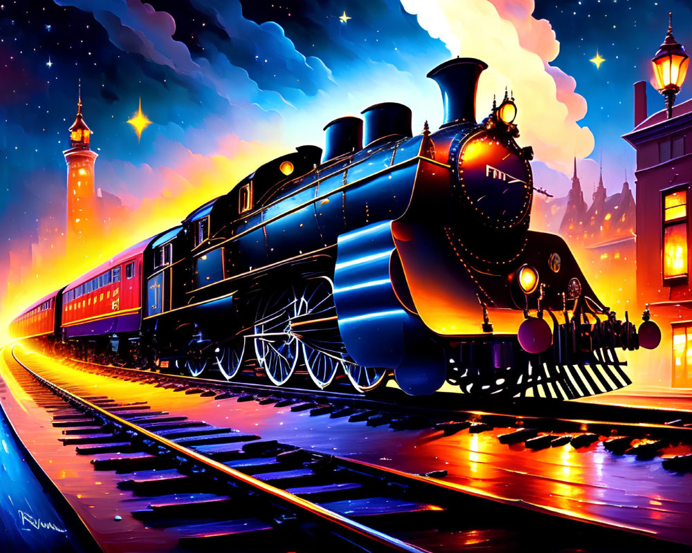 Colorful Night Scene: Classic Steam Train Illustration