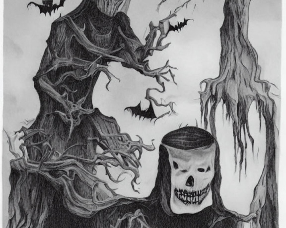Spooky pencil drawing of skeletal figure in tattered garments among twisted trees