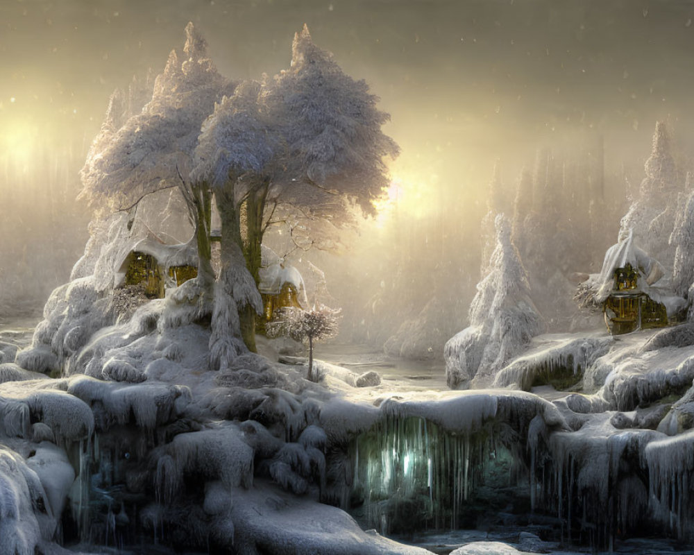 Snow-covered landscape with illuminated trees, cabins, icy surfaces, and warm glowing light.