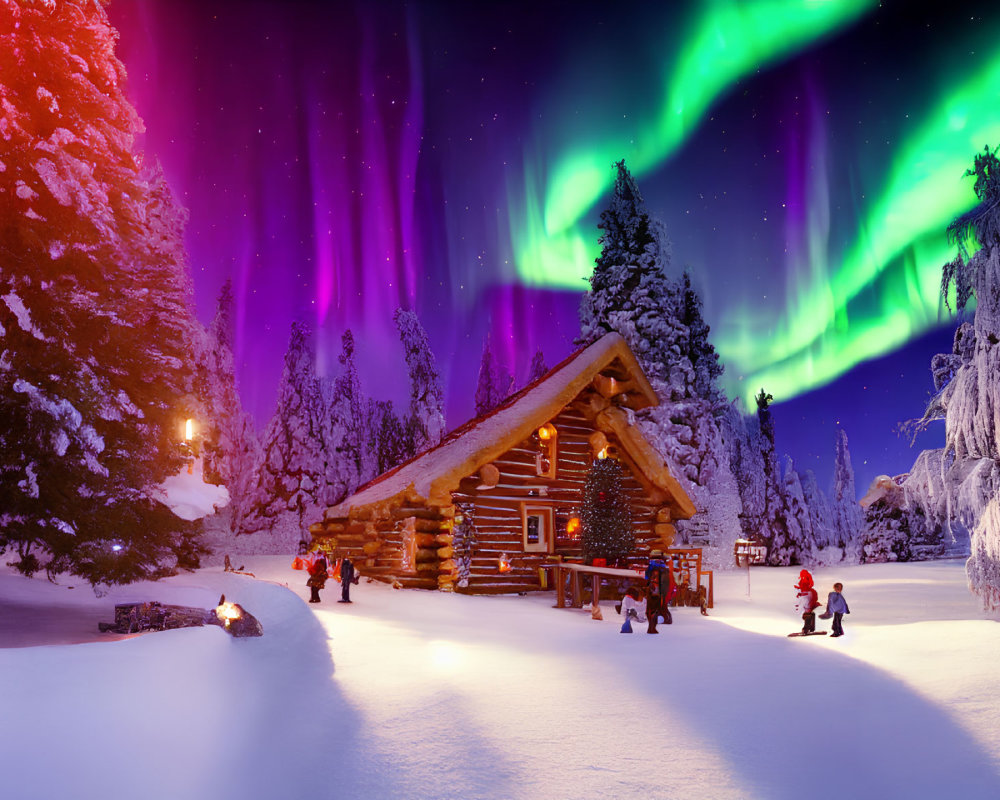 Snow-covered log cabin with festive lights under vibrant aurora borealis and snowy scenery