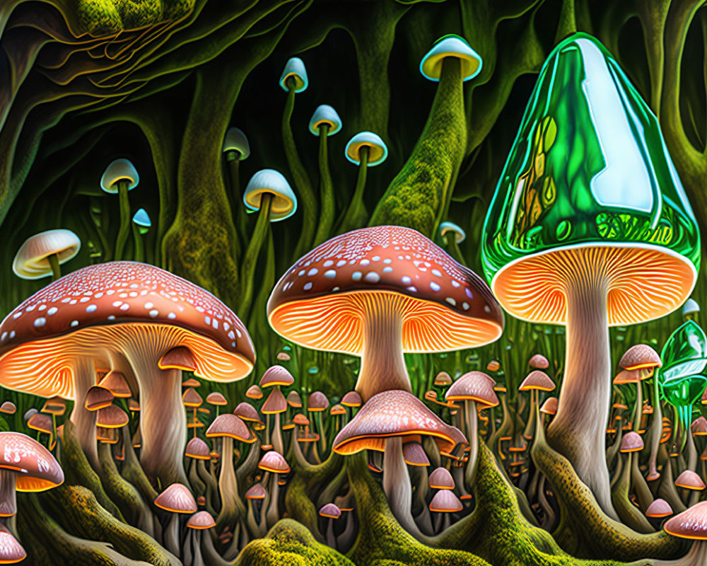 Colorful Mushrooms in Enchanted Forest with Tree Roots