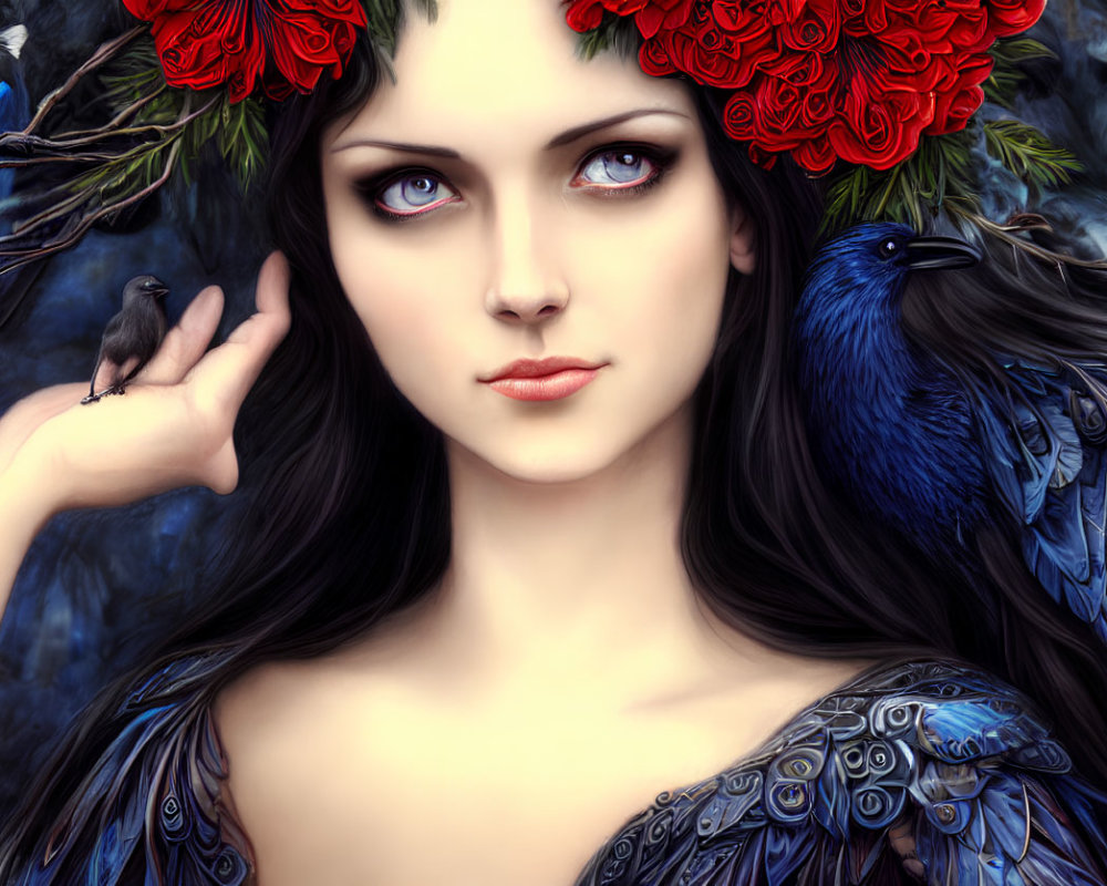 Pale-skinned woman with blue eyes in red floral crown holding a black bird and wearing bird feather sh