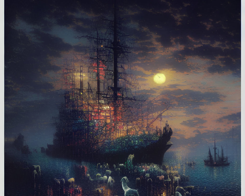 Mystical Nocturnal Seascape with Ghostly Figures and Tall Ship