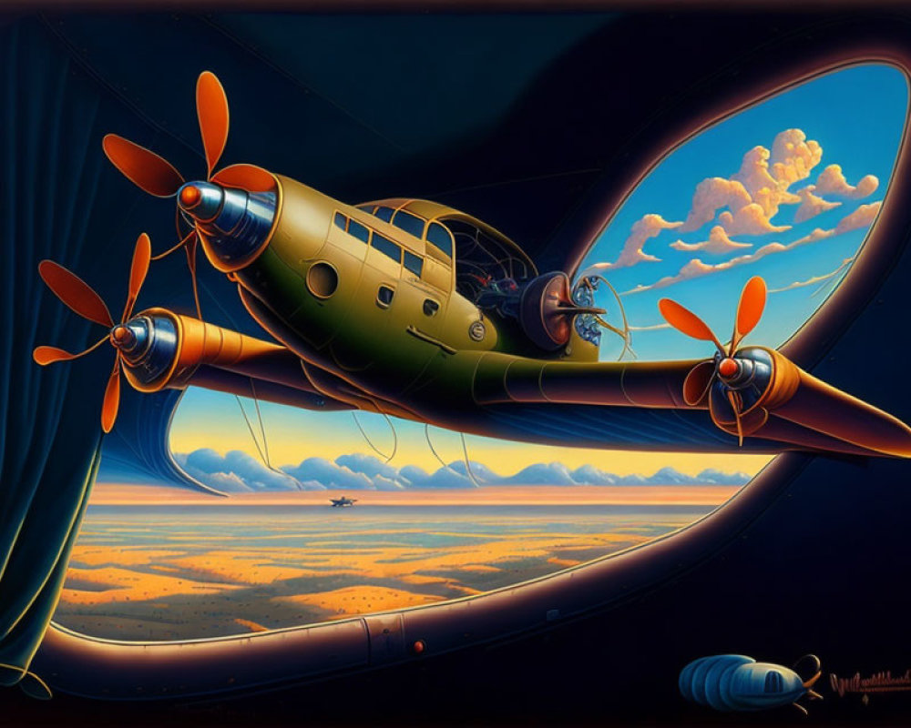 Stylized retro-futuristic aircraft with orange propellers flying over scenic sunset landscape