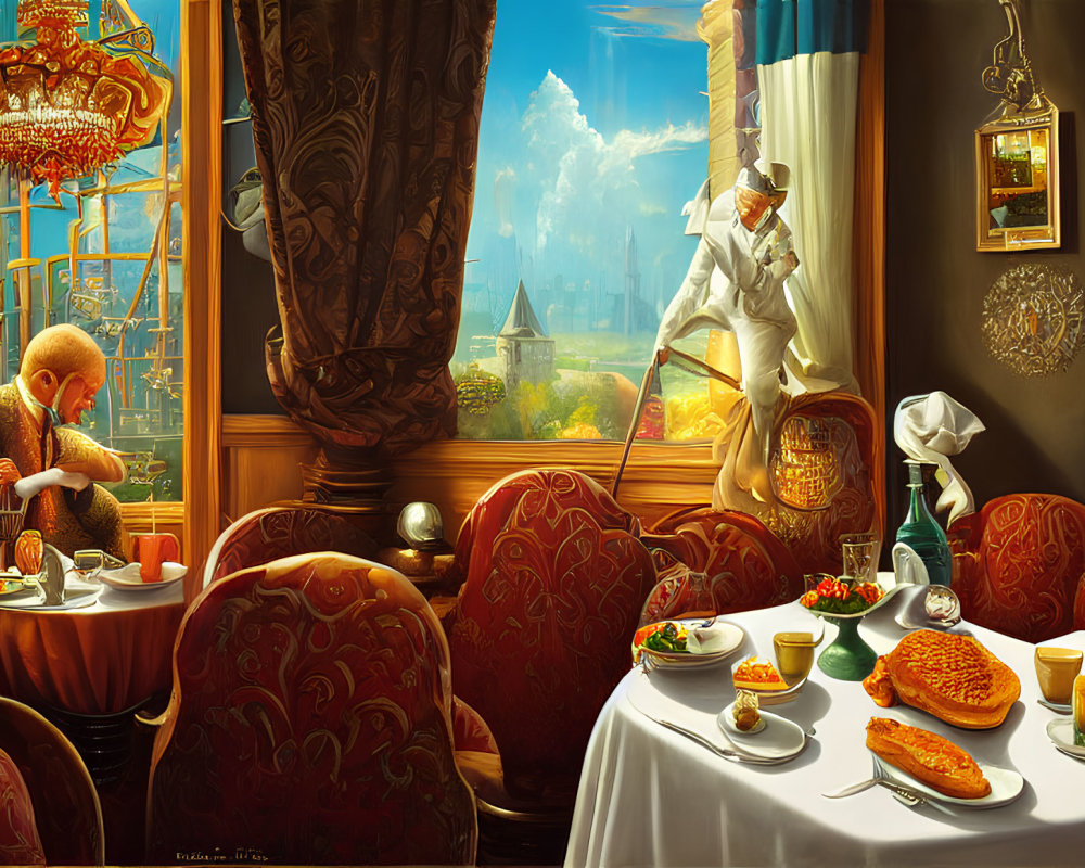 Luxurious room with man reading newspaper, sunlight, paintings, chandelier, futuristic city view