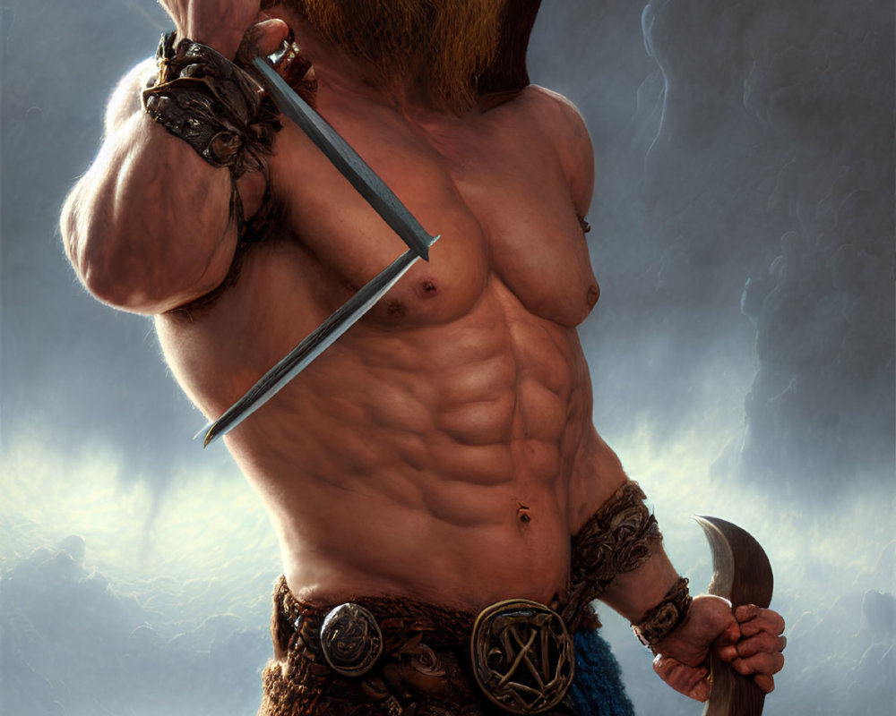 Muscular bearded fantasy warrior with axe and sword in misty backdrop